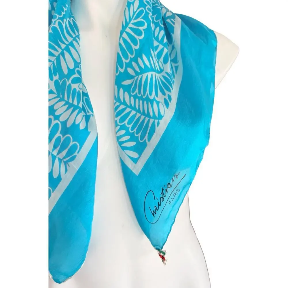 Christian Paris Vintage Pure Silk Scarf 1960’s Turquoise Blue White 22” Italy
